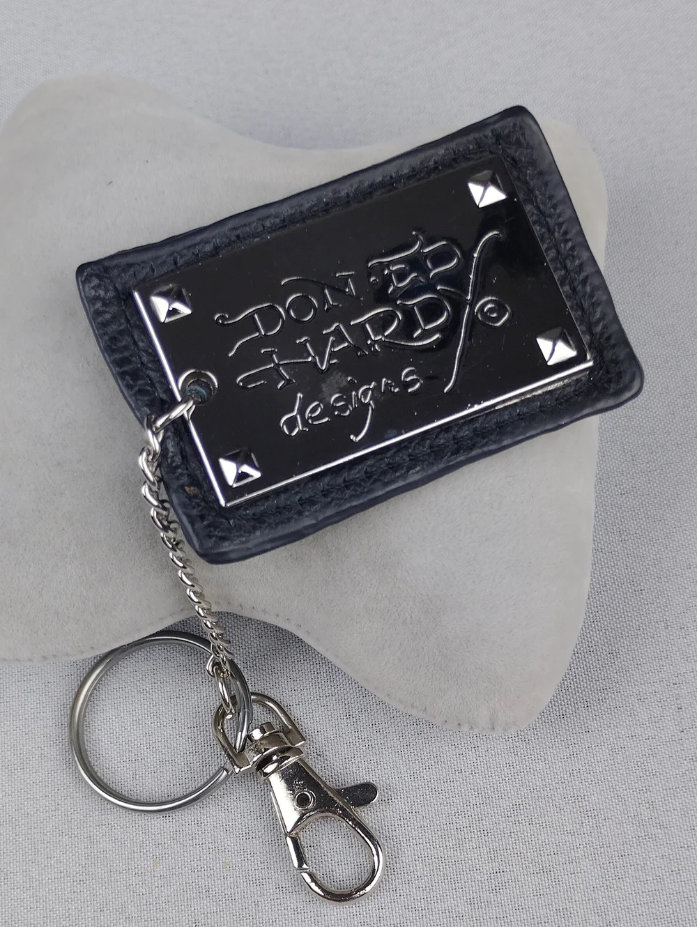 Ed Hardy Black Leather Keychain with Silver Logo Plate
